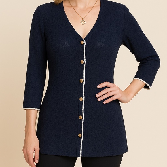 St. John Collection Navy Lacey Knit Enameled Buttons Cardigan - Picture 1 of 12